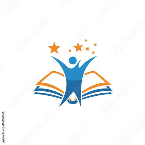 Open book with triumphant figure reaching for stars