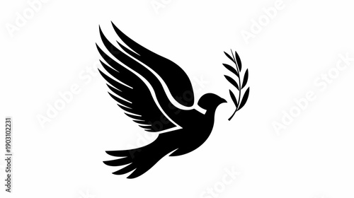Black dove silhouette with olive branch symbolizing peace and hope