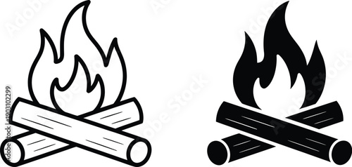 Two Stylized Campfire Icons: Outline and Silhouette