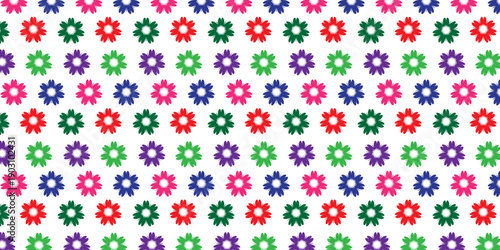 Seamless vector pattern with repeating small floral shapes in red, green, blue, and purple on a clean white background, ideal for textile or digital design.