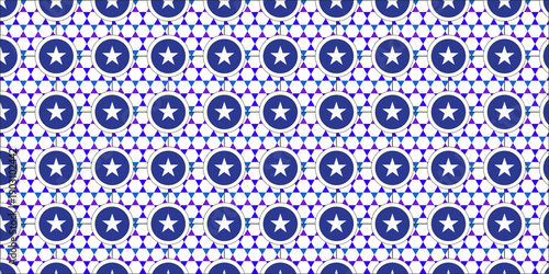Vector seamless pattern featuring white stars in indigo blue circles, arranged in rows over a background of small white and purple checkerboard squares.