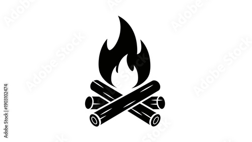 Black and white campfire illustration with flames and wood logs on white background