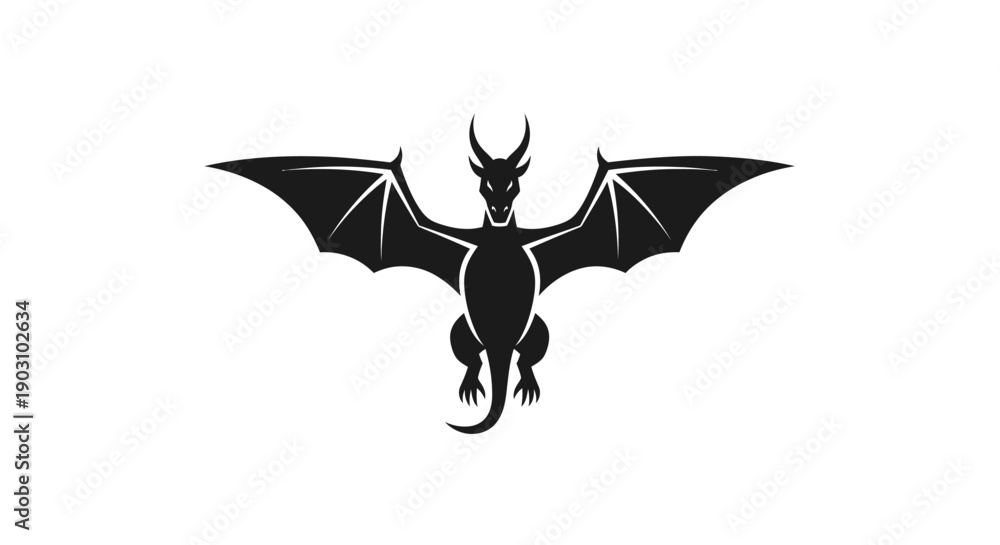 Fototapeta premium Black silhouette of a dragon with outstretched wings against a white background