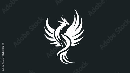 Elegant phoenix symbol in flight against black background minimalist design