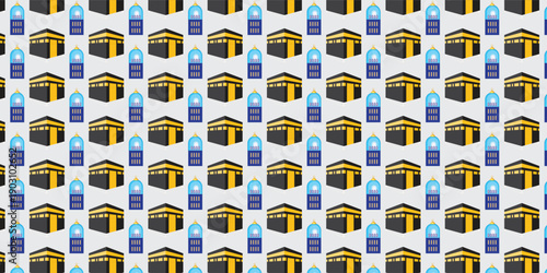 Vector seamless pattern featuring black Kaaba icons with golden details and blue mosque domes on a light gray background, ideal for Islamic holiday branding or website design.
