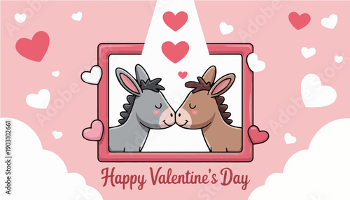 Cute cartoon donkey and female donkey kissing inside photo frame, torch light highlighting them, pastel colors, hearts, Happy Valentine's Day text, dreamy.
