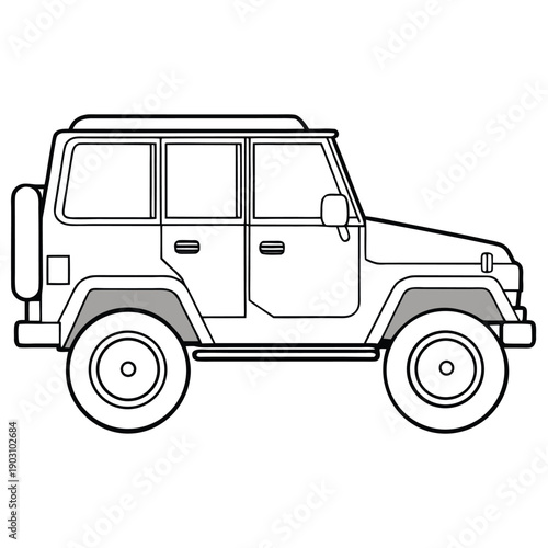 Outline vector illustration of a classic four-wheel drive off-road SUV with a spare tire on the back