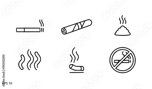 Smoking outline icon set vector with cigarette cigar and smoke symbols in minimal line style isolated on white background EPS 10