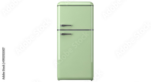 Retro style refrigerator in light green isolated PNG, vintage fridge appliance for kitchen design on transparent background