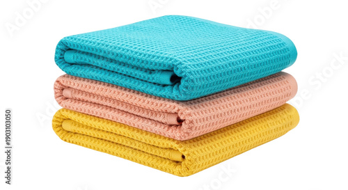 Canvastavla Stack of three waffle weave towels isolated PNG, turquoise peach and yellow fold