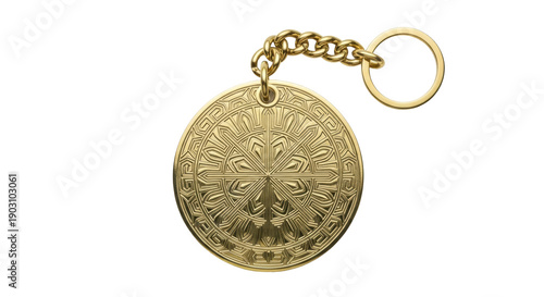 Obraz na plátně Golden medallion keychain PNG isolated on transparent background, ornate metal p
