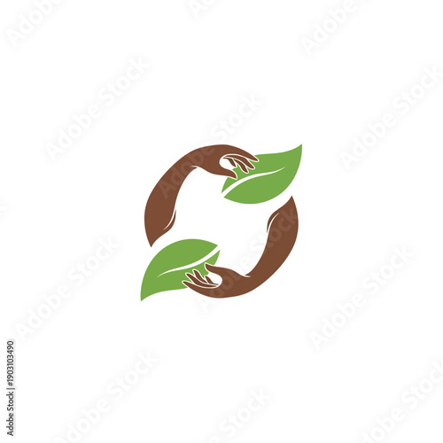 Two brown hands cradling green leaves form a circular recycling symbol