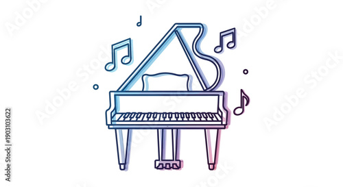 Minimalist line art illustration of a grand piano with musical notes symbolizing music and melody