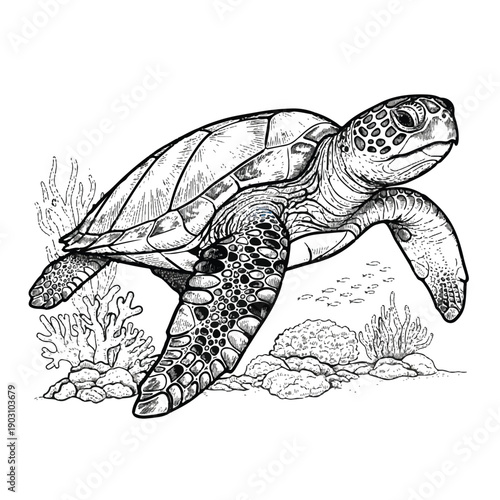 A colorful vector illustration of a green sea turtle swimming underwater among coral reefs and fish in the ocean