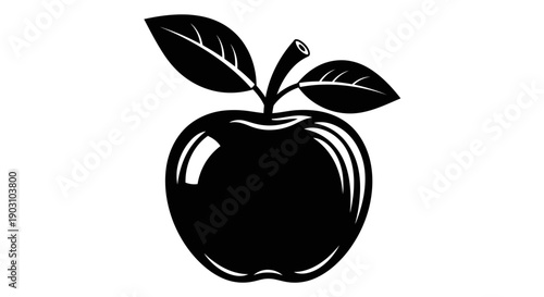 Black and white apple illustration with leaves isolated on white background