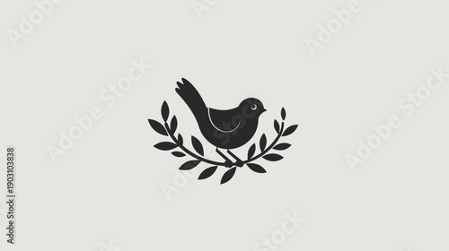 Silhouette of a bird perched on a leafy branch against a neutral backdrop