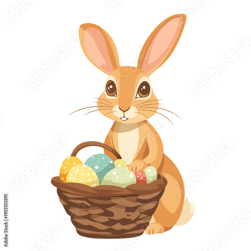 Cute Easter bunny sitting with a basket full of colorful decorated eggs. Vector cartoon illustration isolated on white for holiday designs.