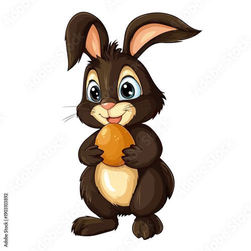 Happy brown Easter bunny holding a golden egg. Cute vector cartoon character isolated on white background for holiday greeting designs.