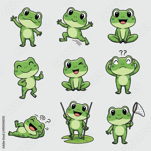 Funny cute cartoon frog characters set vector illustration