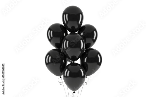 Cluster of seven black balloons arranged together isolated on transparent background