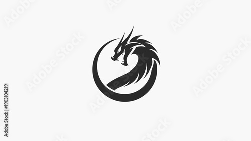 Stylized dragon silhouette within a circular frame vector graphic illustration