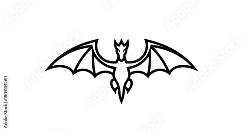 Stylized black and white illustration of a flying bat creature with spread wings