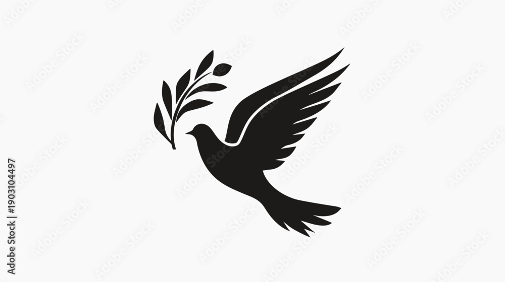 Obraz premium Silhouette of a flying dove carrying an olive branch on a white background