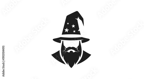 Black and white wizard illustration with stars on hat isolated on white