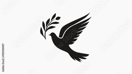 Silhouette of a flying dove carrying an olive branch on a white background