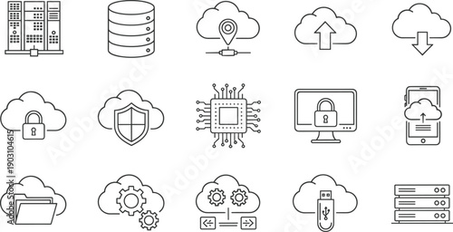 Cloud computing icons, vector technology symbols, server, data, storage, security, network, chip, upload, download, database, system, internet, connection, digital, hosting.