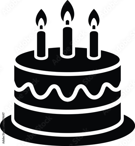 Birthday cake silhouette with three candles isolated on white background, festive dessert icon symbolizing celebration, party, anniversary, bakery design, and simple vector illustration use