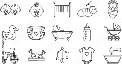 Hand drawn baby icons, vector newborn symbols, crib, bottle, stroller, diaper, duck, bath, toy, sleep, care, clothes, twins, tricycle, cute, childhood.