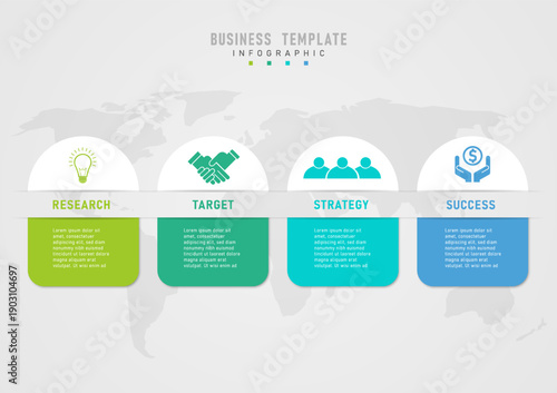 4step business infographic template with rounded multi-colored rectangles. The top is white with colored icons in the center, the bottom has text in the middle, and a map at the bottom.