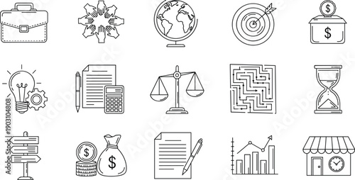 Hand drawn business icons, vector finance symbols, briefcase, team, globe, target, donation, idea, calculator, law, maze, time, direction, money, contract, chart, shop.