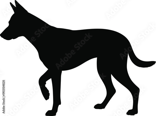 Black dog silhouette walking isolated on white background, minimalist animal illustration representing loyalty, protection, pet care, canine training, logo design, and decorative graphic use