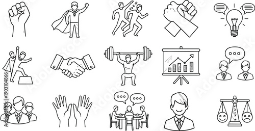 Hand drawn business icons, vector leadership symbols, power, hero, teamwork, handshake, strategy, meeting, idea, strength, scales, success, motivation, competition, growth.