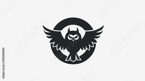 Black owl logo with wings spread inside a circle graphic illustration