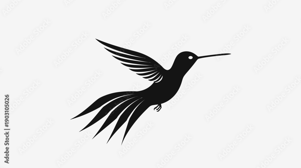 Fototapeta premium Elegant silhouette of a hummingbird in flight against a clean white backdrop