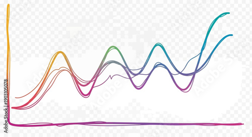 Dynamic hand-drawn colorful data trend line graph illustration on a transparent background for