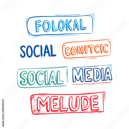 Colorful social media text graphic with various keywords