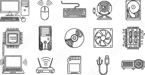 Hand drawn computer icons, vector hardware symbols, pc, laptop, mouse, keyboard, cpu, fan, router, disk, usb, webcam, memory, chip, technology.