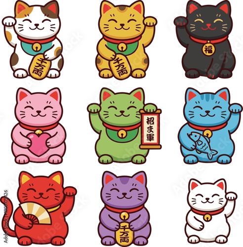 Cute Maneki Neko Lucky Cat Vector Sticker. Japanese fortune cat holding gold coin isolated.