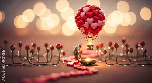 Whimsical Heart-Shaped Hot Air Balloon – Romantic Miniature Scene with Glowing Base