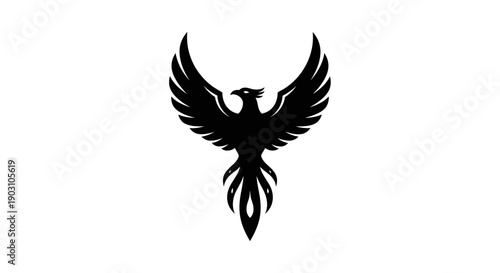 Black phoenix silhouette soaring against white background symbolizing rebirth and hope