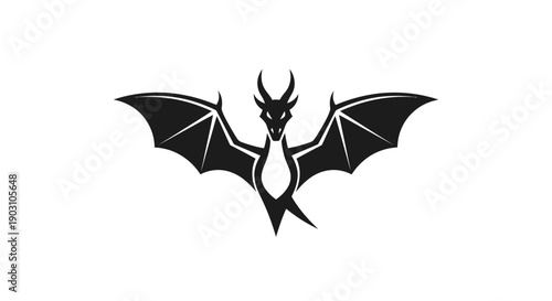 Stylized black dragon illustration with wings spread isolated on white background