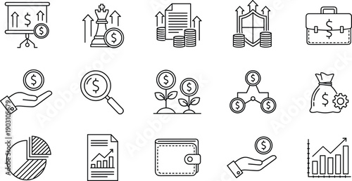 Hand drawn finance icons, vector business symbols, money, growth, chart, coin, wallet, strategy, investment, bank, wealth, dollar, arrow, shield, bag.
