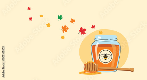 Jar of fresh honey and a wooden honey dipper are set against a background of falling colorful autumn leaves on a warm yellow backdrop.