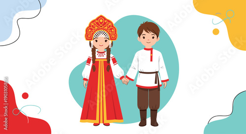 Two children wearing traditional Russian folk costumes stand together holding hands against a colorful abstract background for kids.