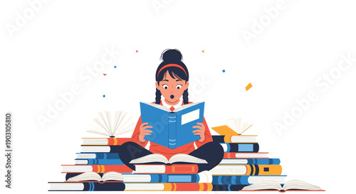 Young girl with a surprised expression reads a blue book while sitting cross-legged on top of a large stack of various colorful books.