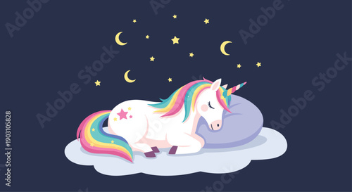 Magical white unicorn with a rainbow mane and tail sleeps peacefully on a soft cloud under a starry night sky with moons and stars.